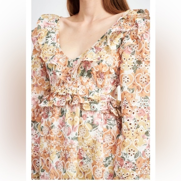EN SAISON Floral Ruffled Long Sleeve Embroidery Mini Dress - Picture 3 of 9